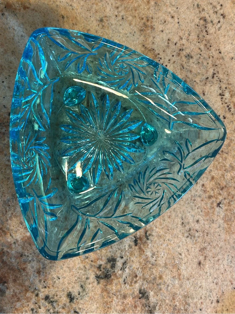 Hazel-Atlas “Capri Blue” Pinwheel Pressed Glass Triangle Covered Dish. MCM 1950